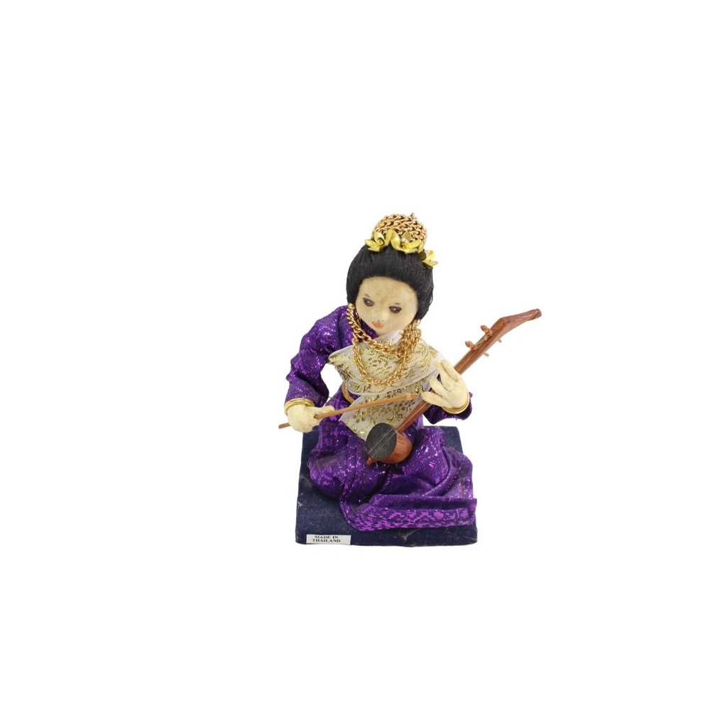 Thailand Doll Purple Brocade Thai Girl Playing Alto Fiddle 88640 Vintage